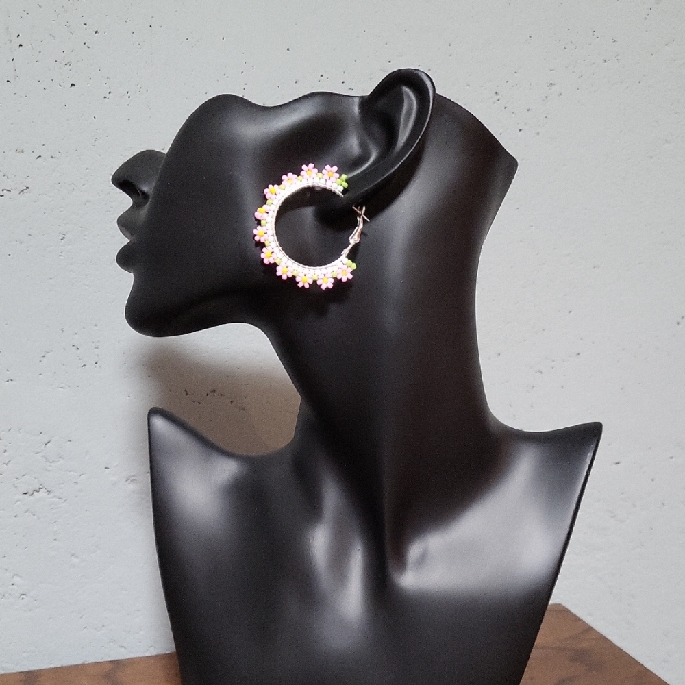 Handmade Floral beaded Earrings – Pink, Yellow, Green, & White.